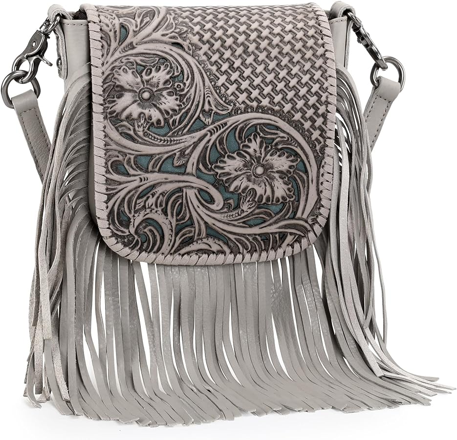 Montana West Genuine Leather Tooled Collection Fringe Crossbody