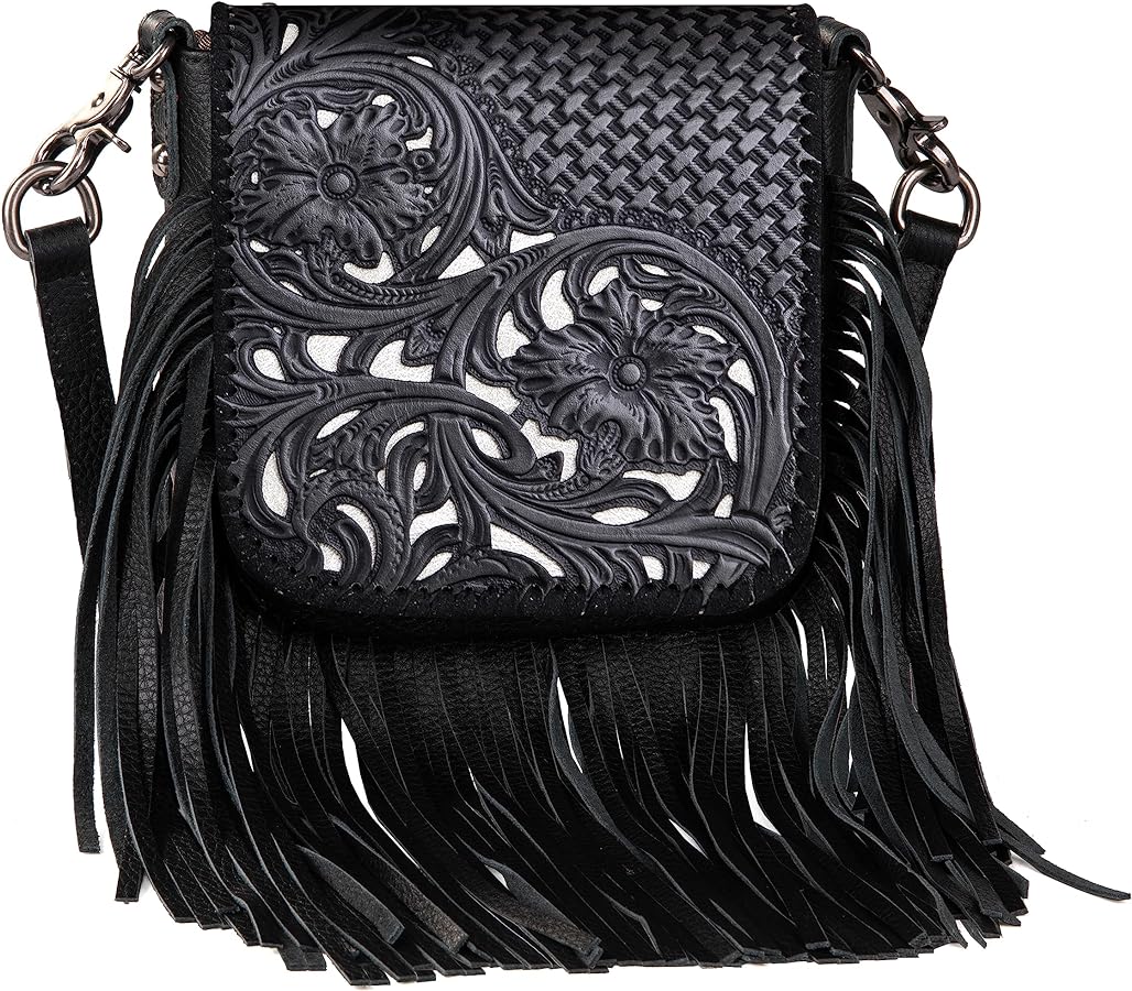 Montana West Genuine Leather Tooled Collection Fringe Crossbody