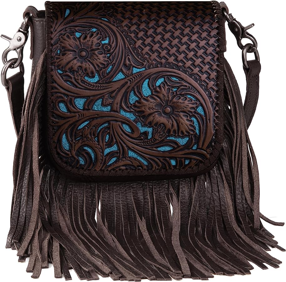 Montana West Genuine Leather Tooled Collection Fringe Crossbody