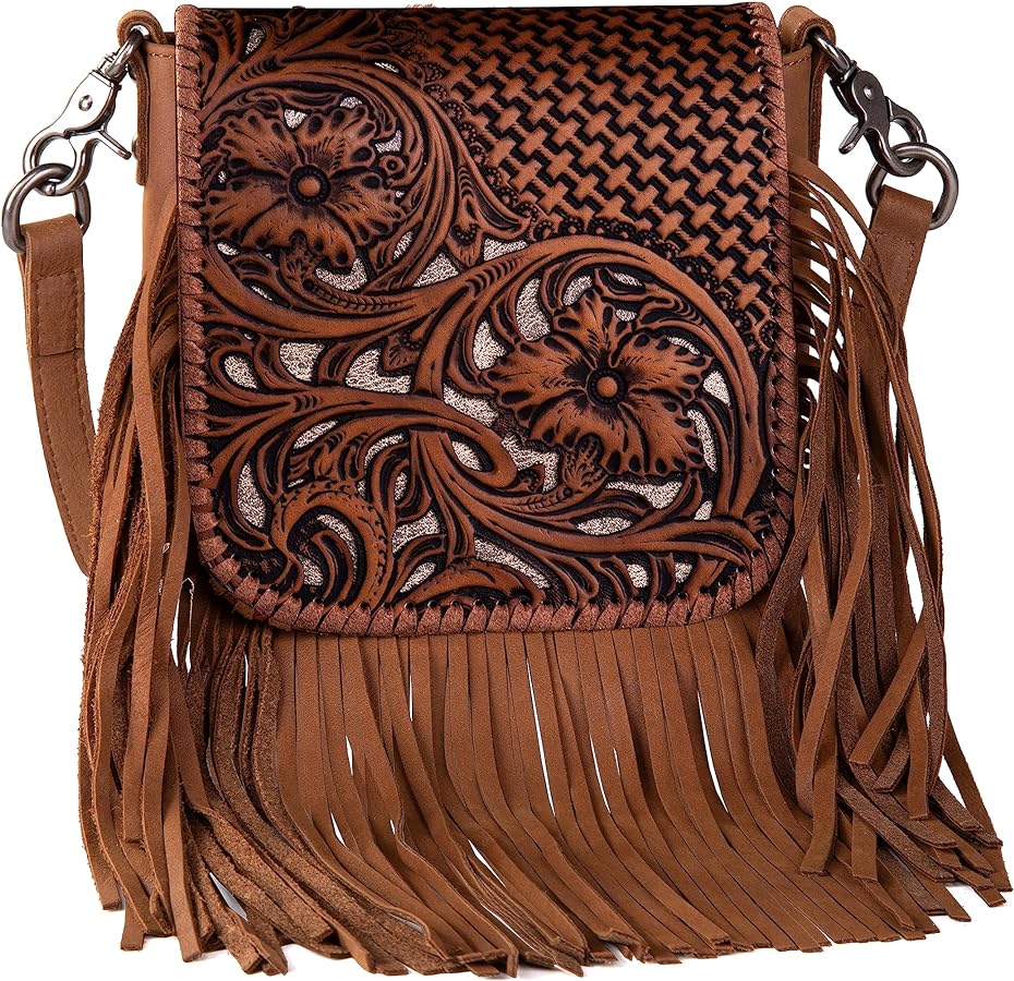 Montana West Genuine Leather Tooled Collection Fringe Crossbody