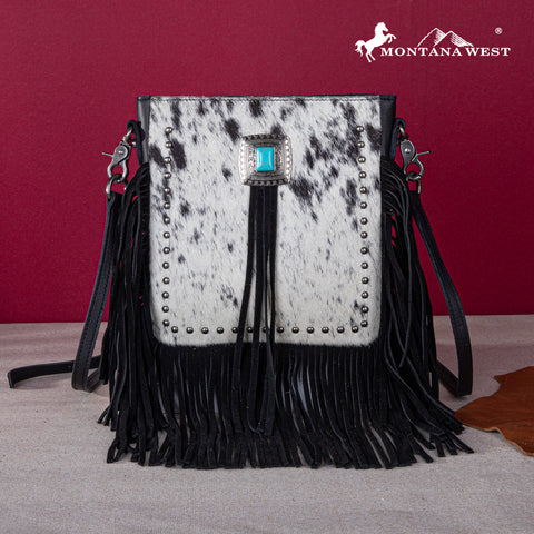 Montana West Genuine Leather Hair-On Cowhide Fringe Bohemian Crossbody + Black