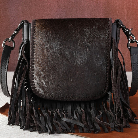 Montana West Genuine Leather Hair-On Collection Fringe Crossbody